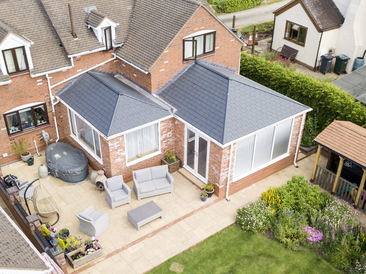 A birdseye view of a gable conservatory.