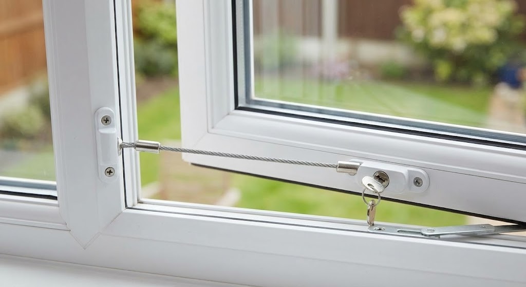 White cable window restrictor fitted to uPVC frame