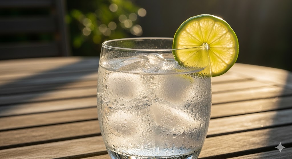 Close up of a cold Gin and Tonic glass covered in condensation, illustrating the dew point effect