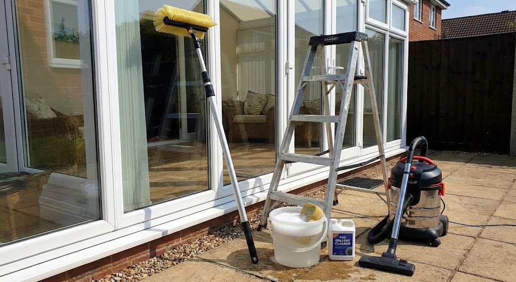 Conservatory cleaning tools including telescopic brush, ladder, and bucket