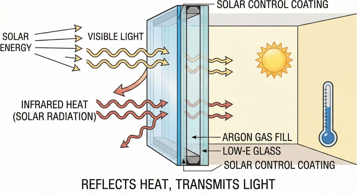 Diagram showing how solar control glass reflects heat rays while letting light through