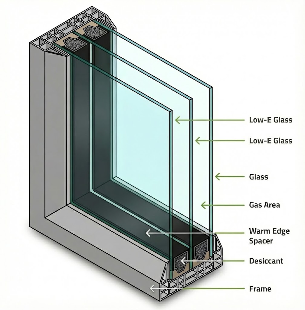 Cross section diagram of a triple glazed window unit showing argon gas and warm edge spacer