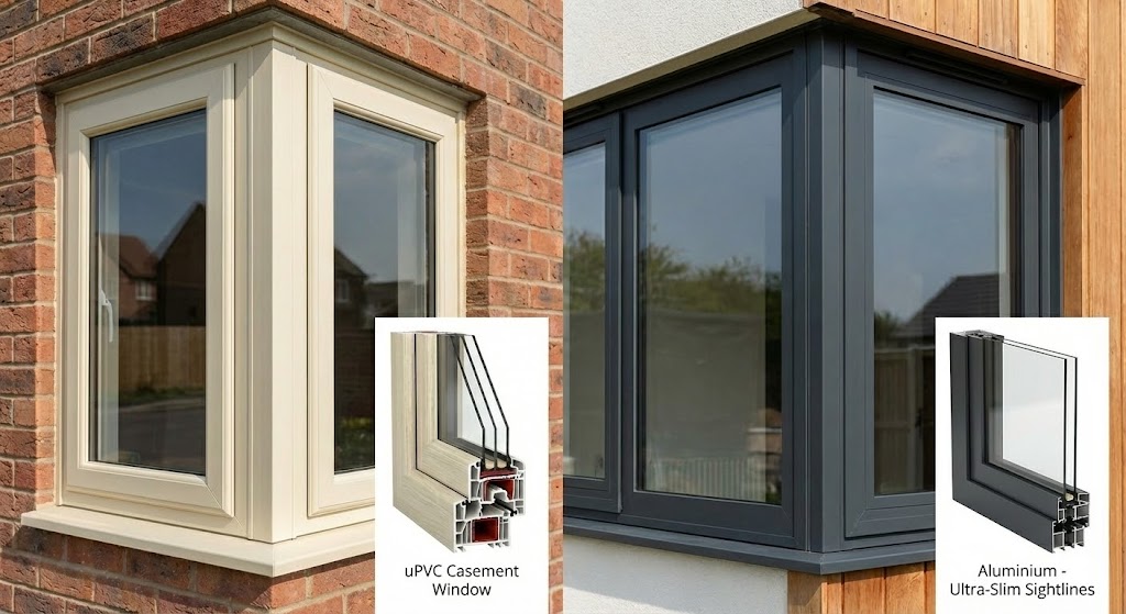 Comparison of uPVC flush casement and Aluminium windows side by side
