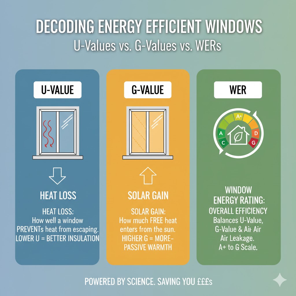 Infographic comparing U-Values, G-Values and Window Energy Ratings