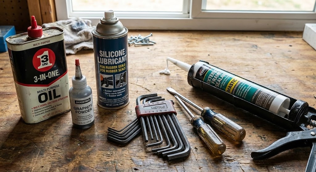 Window and door repair tools including oil and screwdrivers