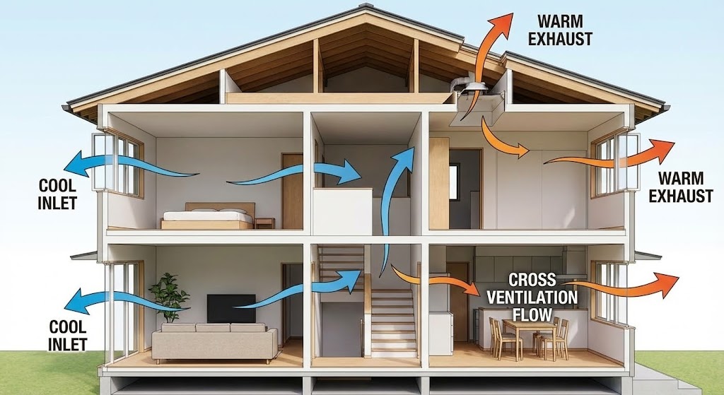 Diagram showing cross-ventilation airflow through a two-story home