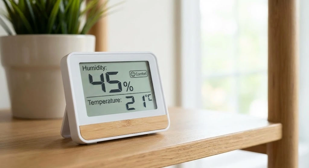 Close-up of a digital hygrometer showing a healthy humidity level