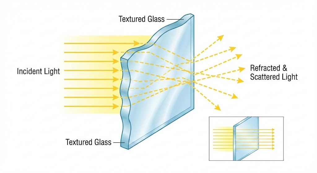 Diagram showing how textured glass refracts light to create privacy