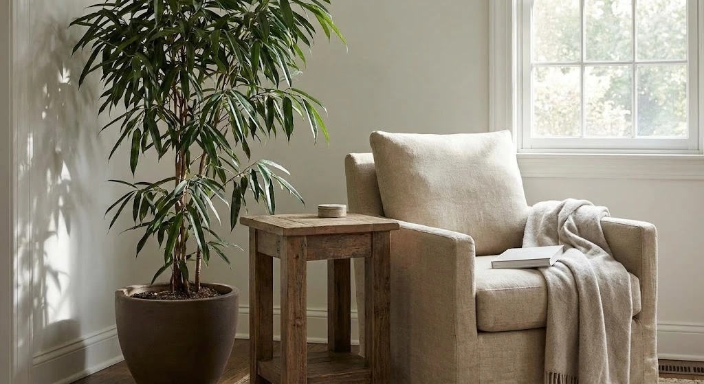A tranquil corner featuring a large potted plant, a wooden side table, and a linen armchair