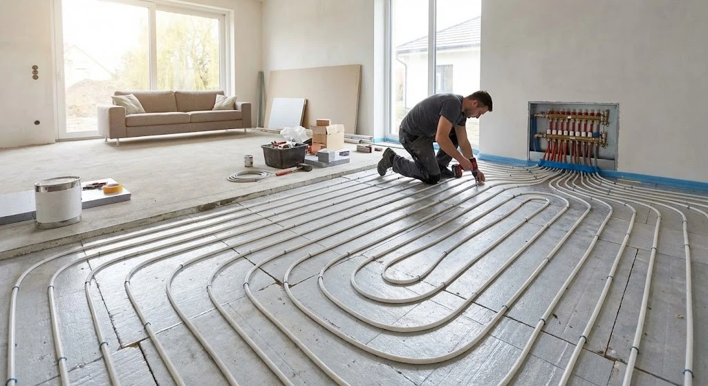 Modern underfloor heating installation in a living room