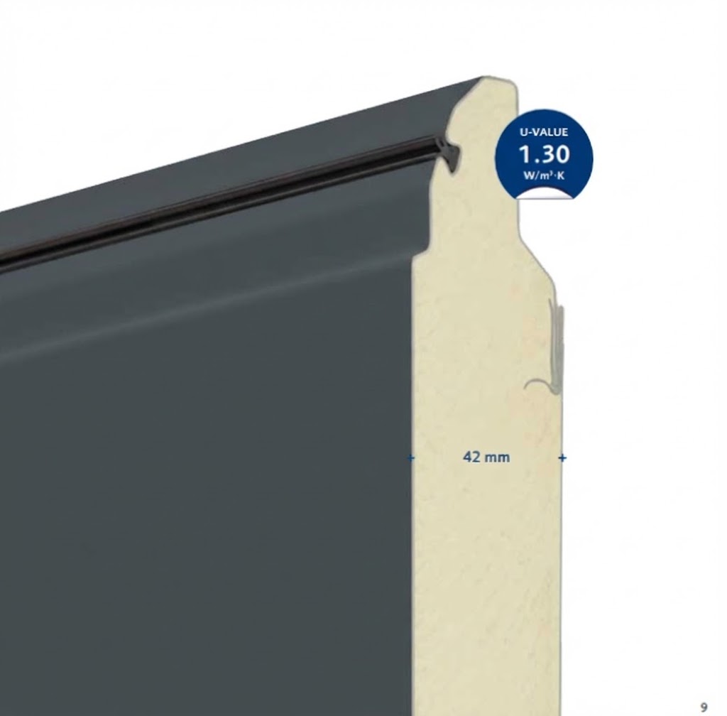 Cross section of a 42mm insulated garage door panel showing foam core