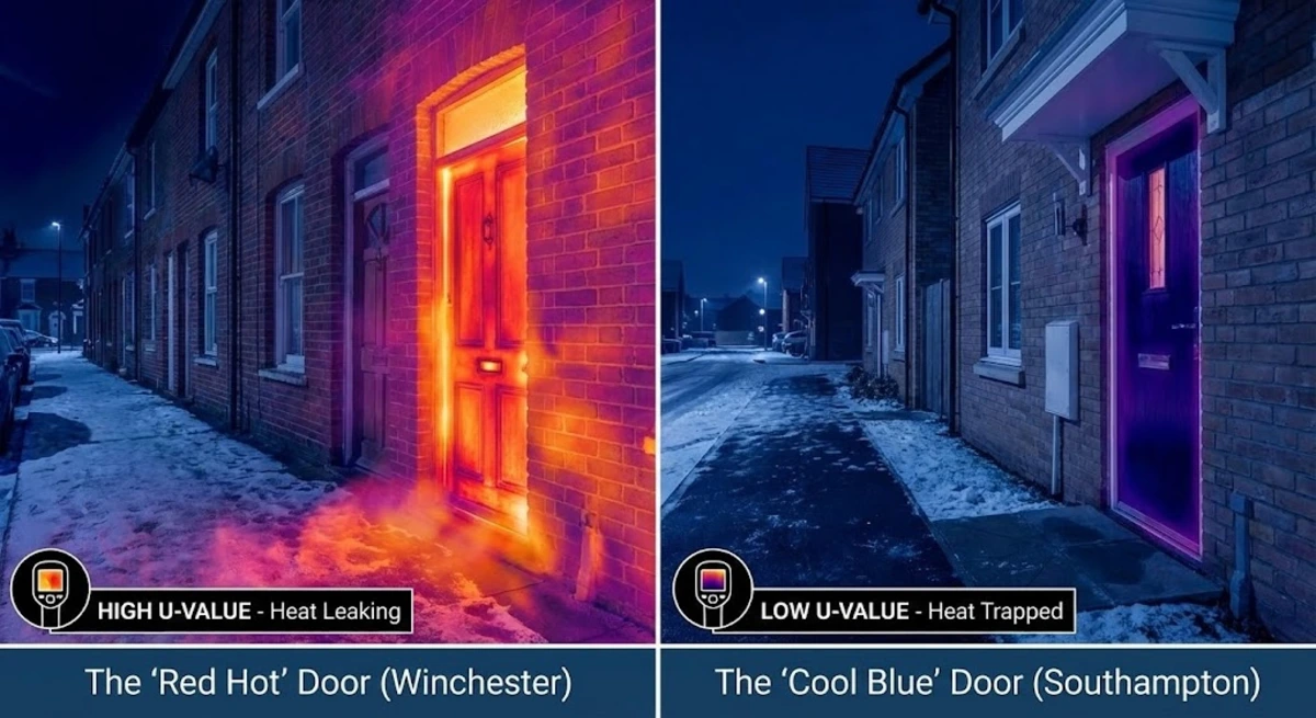 Thermal image showing heat loss through a front door