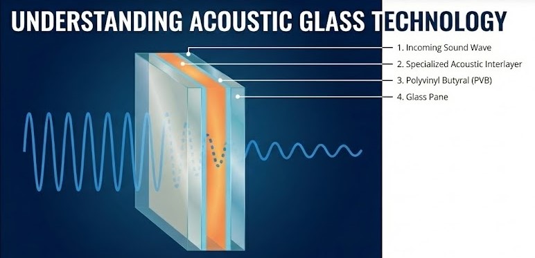 Diagram showing how secondary glazing dampens sound waves through mass and air gaps