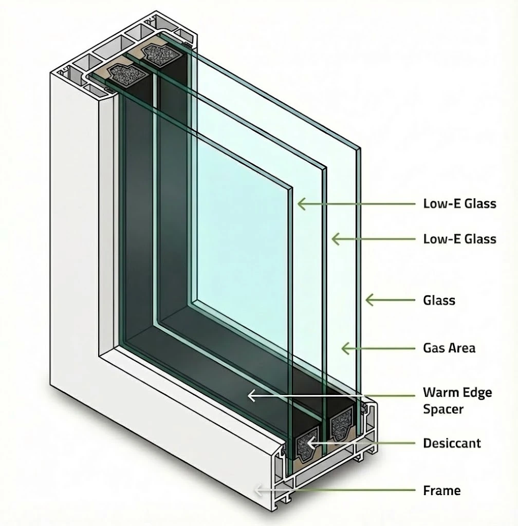 A diagram showing the make up of a triple glazed unit