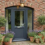 Grey door with fully glazed side lights
