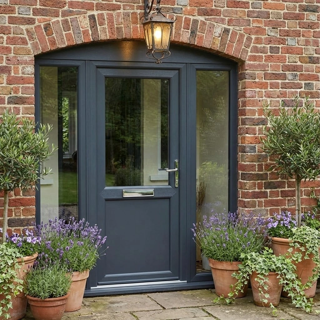 Grey door with fully glazed side lights