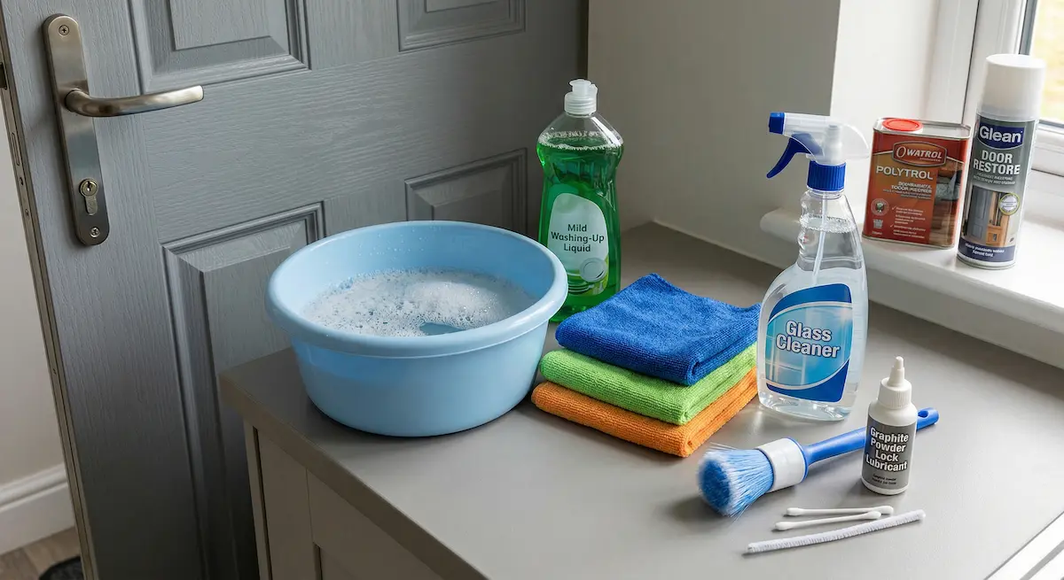 A homeowner's composite door cleaning kit featuring microfibre cloths, mild soap, and graphite powder