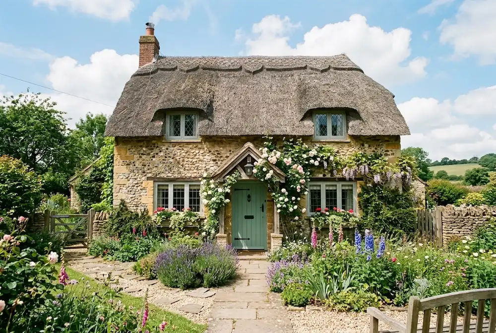 Chartwell Green Door on flint cottage