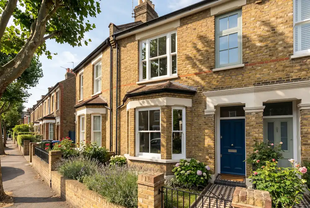 Beautiful traditional home with yellow London stock brick paired with pristine white flush windows