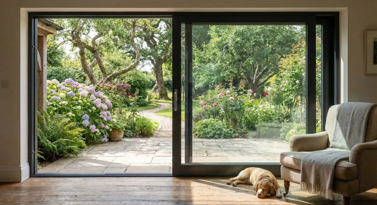 Large two-pane sliding patio doors offering a panoramic view of the garden