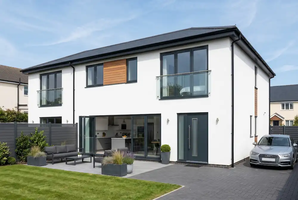Striking modern home with bright white exterior render and bold Anthracite Grey window frames