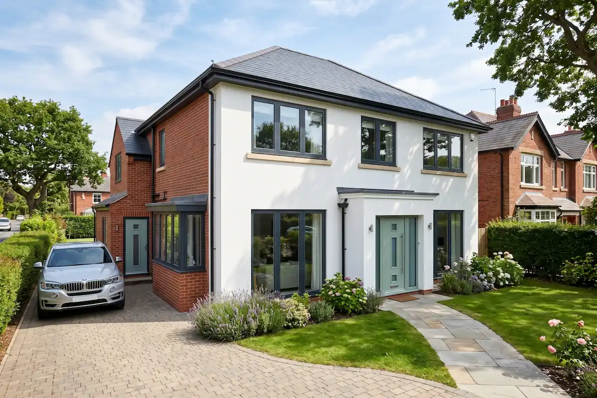Stunning home exterior showing contrasting red brick and white render perfectly matched with Anthracite Grey windows