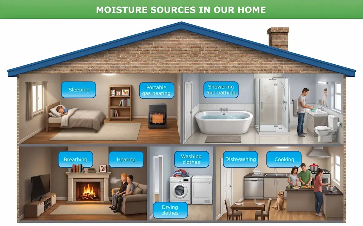 Diagram showing the natural water cycle and how condensation forms in the home