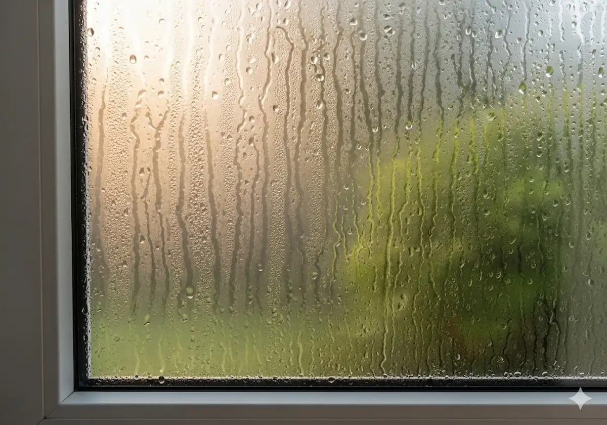 Heavy water droplets and condensation forming on the inside glass pane of a bedroom window.