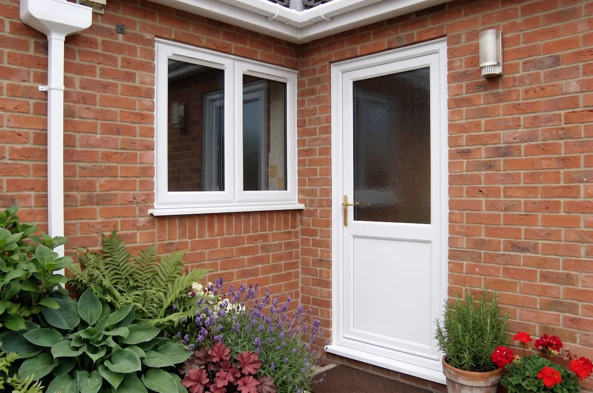 An original, plain white uPVC door before being painted