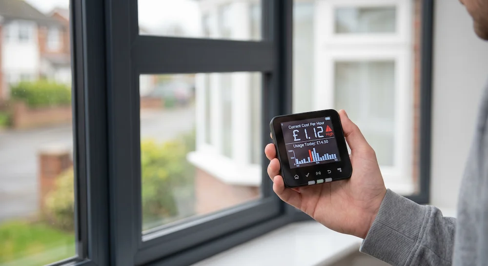 A close up of an in-home smart meter displaying high energy usage costs during the evening