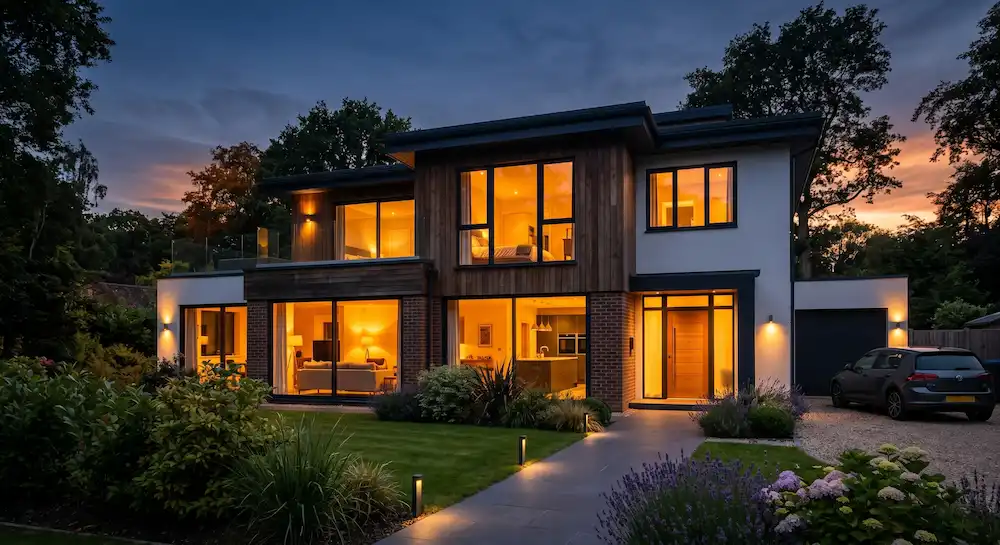 A modern, energy-efficient UK home glowing warmly at dusk, demonstrating excellent heat retention
