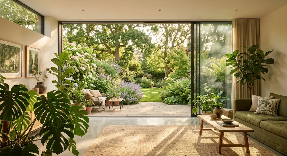 A sun-drenched living room with modern aluminium bi-fold doors opening seamlessly to a green garden, illustrating biophilic design