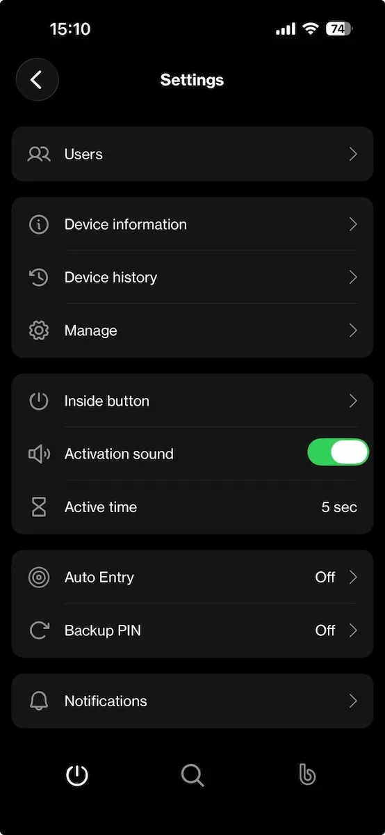 Bold Smart Lock app access control and user settings menu
