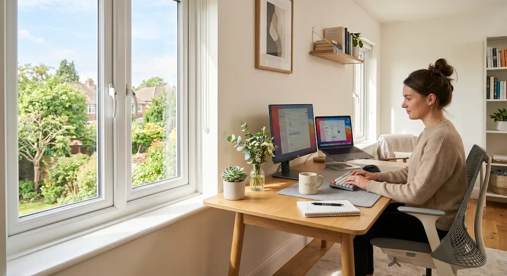 A neat home office desk positioned next to a large modern uPVC window flooding the room with natural light