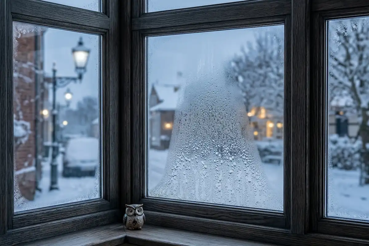 A severely misted double glazed window showing heavy condensation and water droplets physically trapped inside the two panes of glass.