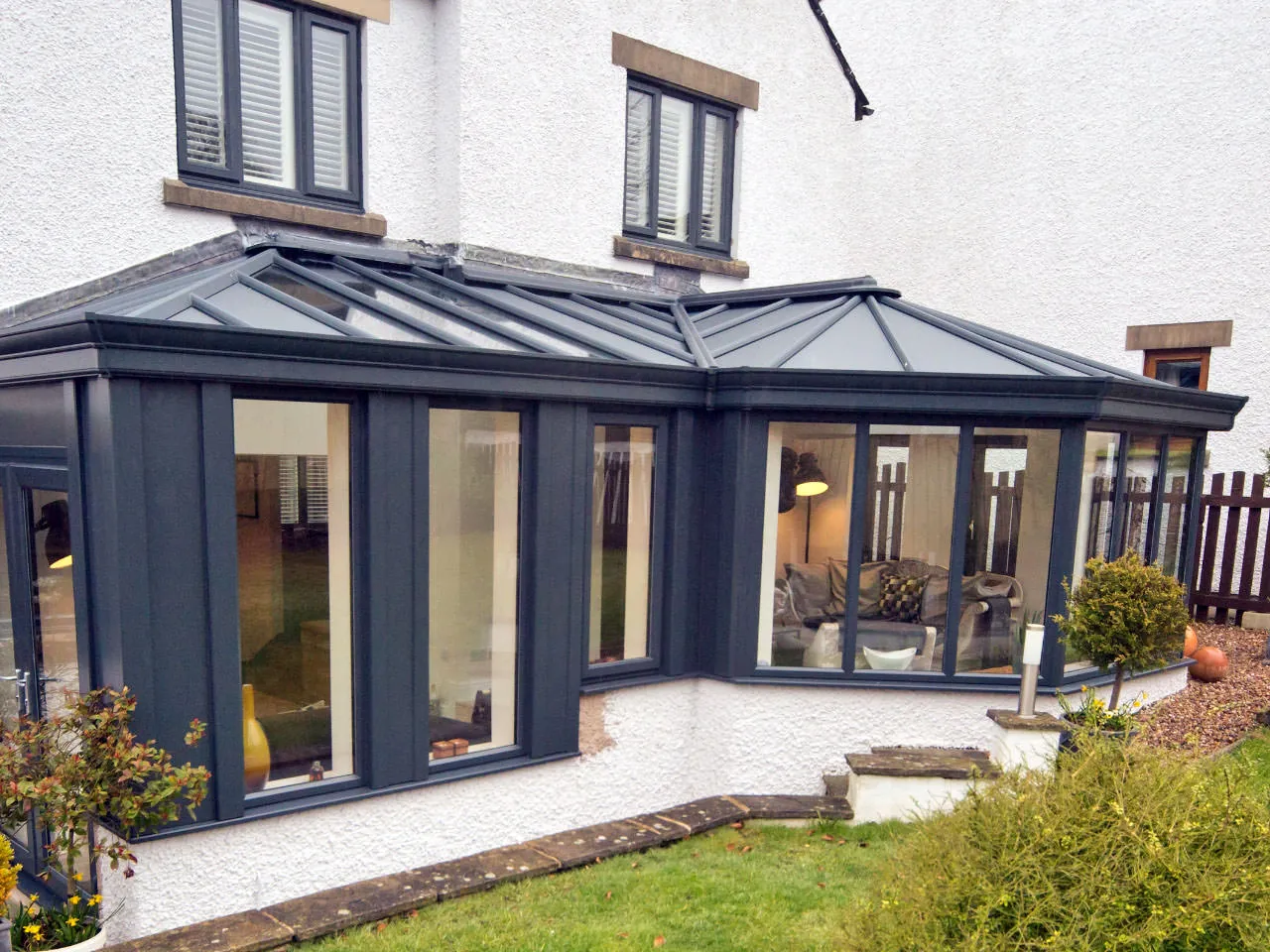 A navy p-shaped conservatory.