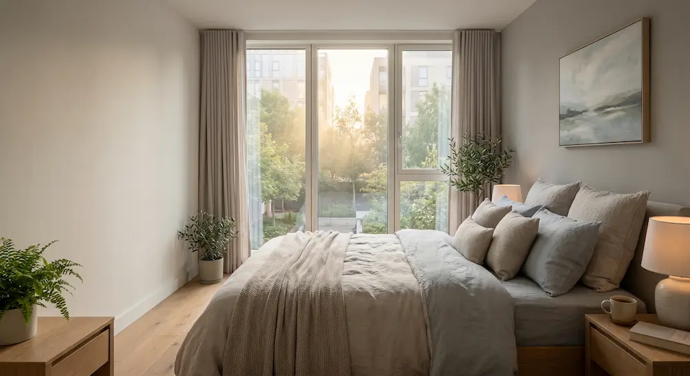 A serene, well-made bed in a quiet room, demonstrating the peace provided by acoustic window glazing