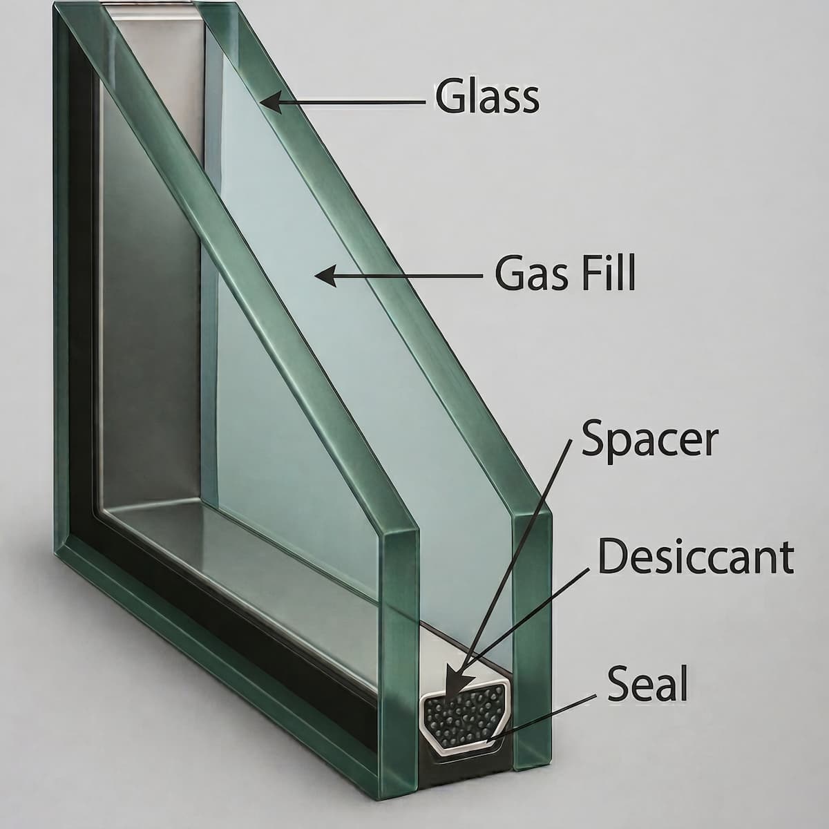 A diagram showing the cross-section makeup of a double glazed sealed unit, highlighting the spacer bar, sealant, and glass panes.