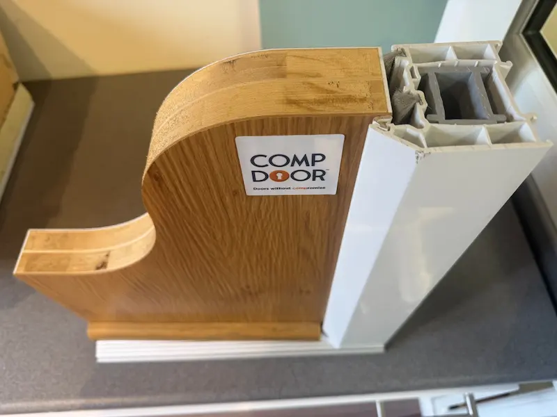 Close up cut through showing the cross-laminated Albasia Falcata timber core